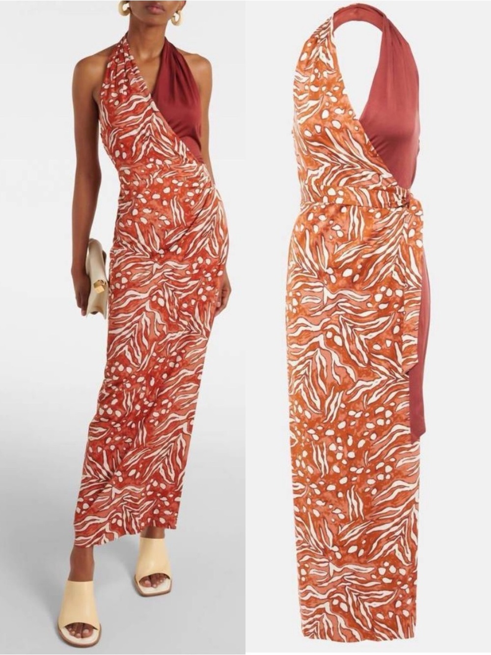 DVF DIANE VON FURSTENBERG chase dress in caramel/chestnut wrap maxi halter 2 - Picture 4 of 15